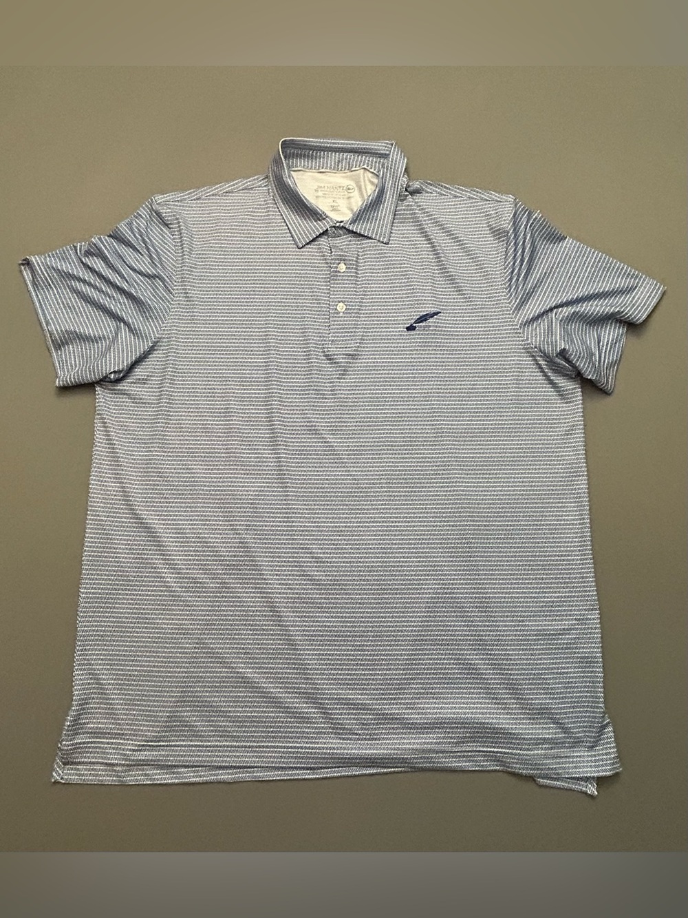 Vineyard Vines x Jim Nance Light Blue Striped Golf Polo with Screw/Nail Print